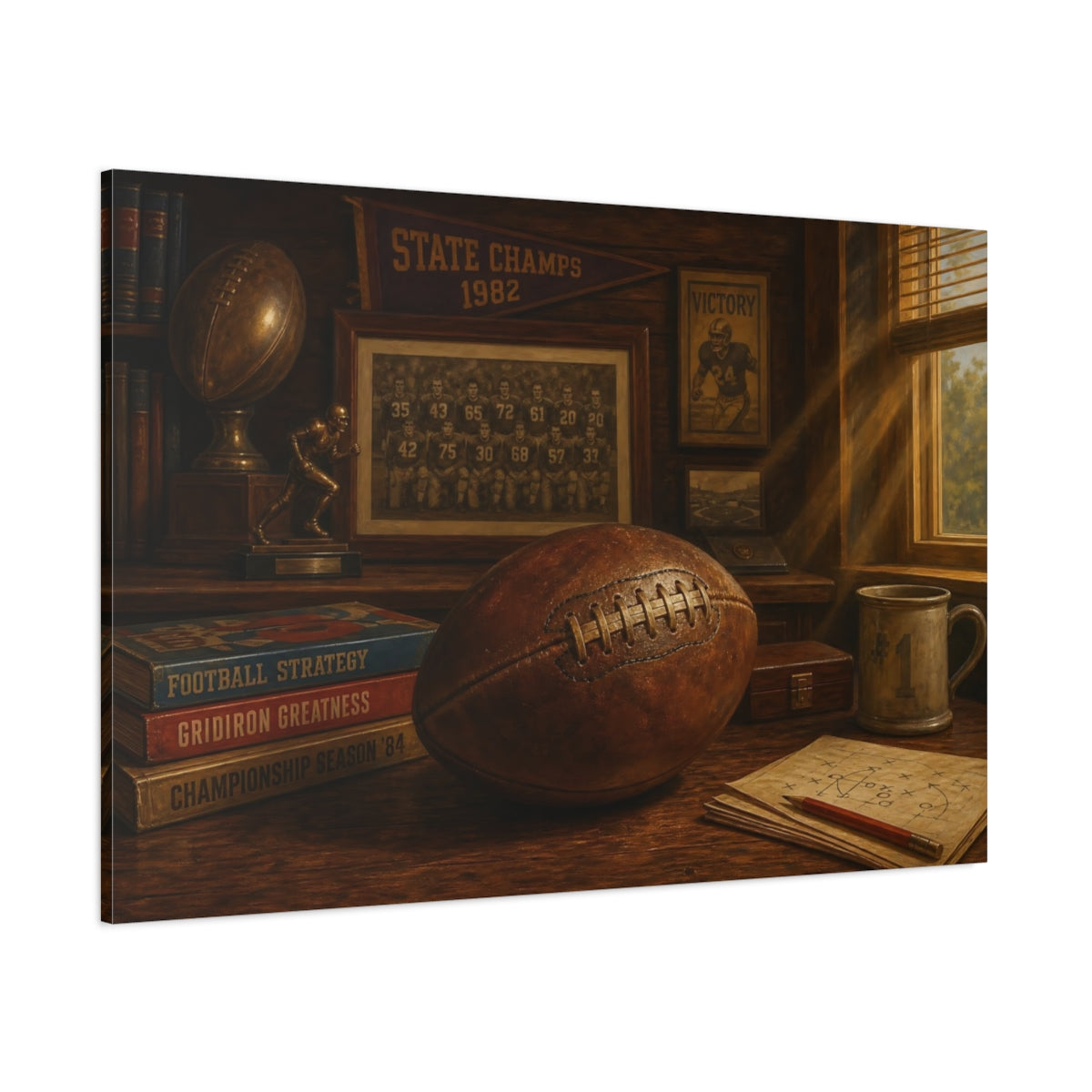 Side Mockup 1. Vintage Football Memorabilia shown as canvas print
