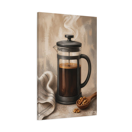 Main Mockup. Vintage French Press Brown And Beige shown as stretched canvas wall art