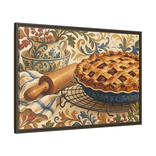Main Mockup. Vintage Fruit Pie Blue And Brown Pie shown as stretched canvas wall art