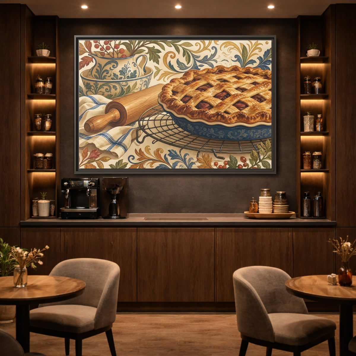 Mockup 2. Vintage Fruit Pie Blue And Brown Pie shown as stretched canvas wall art
