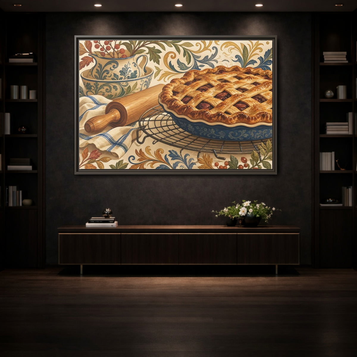 Mockup 3. Vintage Fruit Pie Blue And Brown Pie shown as stretched canvas wall art