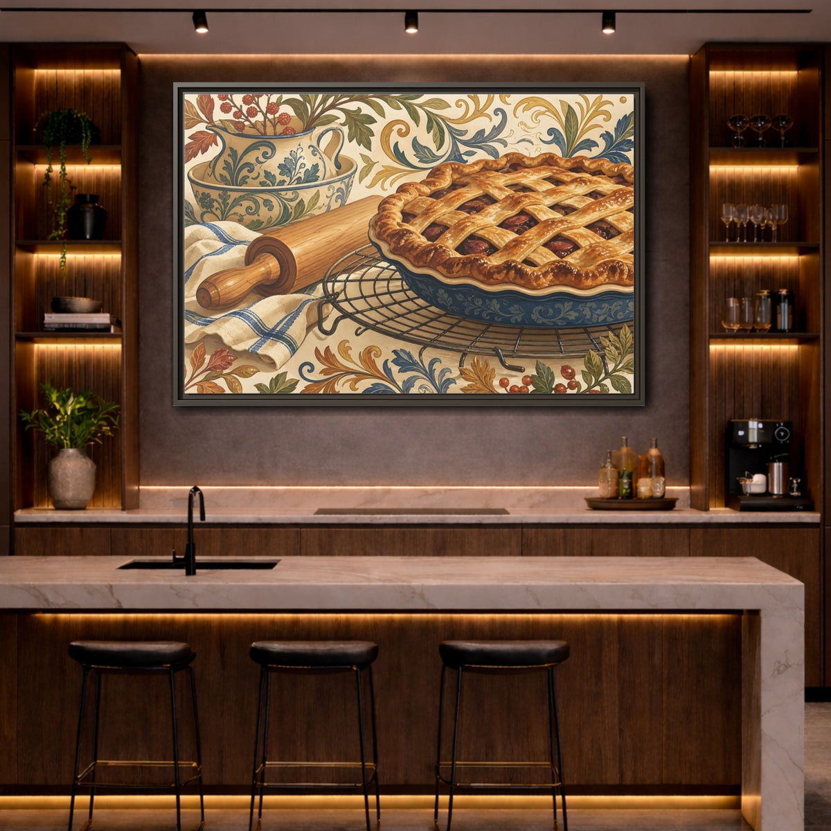Mockup 4. Vintage Fruit Pie Blue And Brown Pie shown as stretched canvas wall art