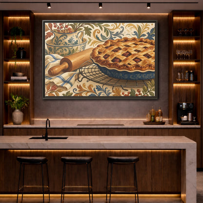 Mockup 4. Vintage Fruit Pie Blue And Brown Pie shown as stretched canvas wall art