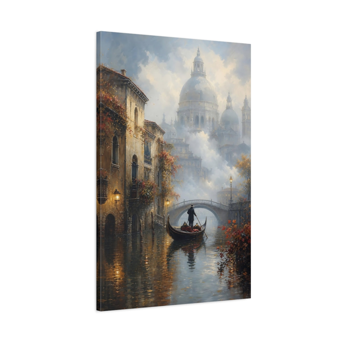 Main Mockup. Vintage Gondolier Canal Misty Brown shown as stretched canvas wall art