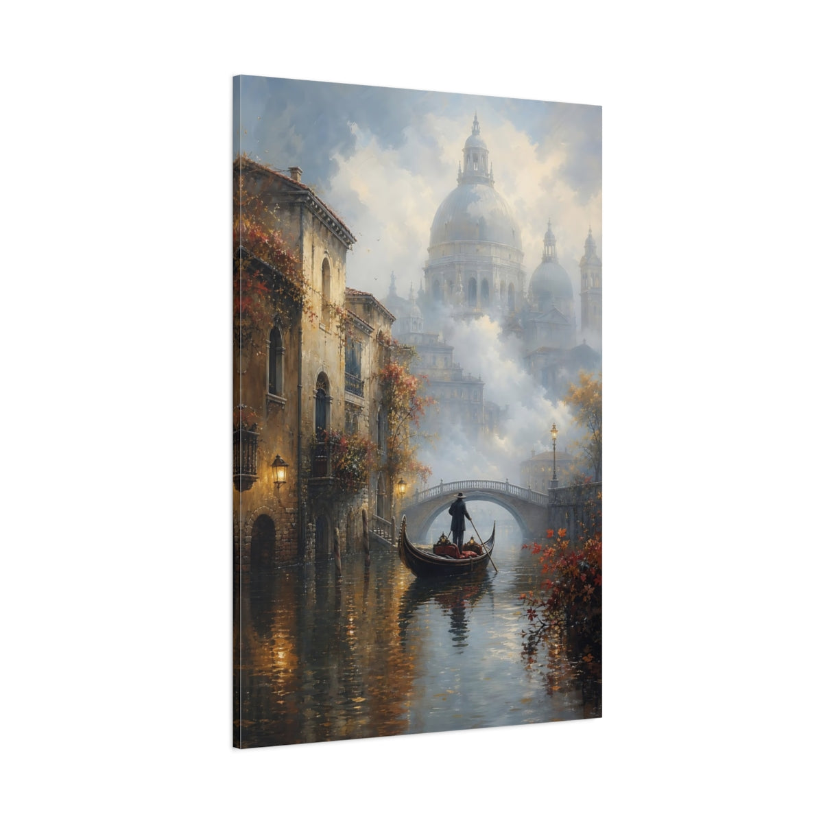 Side Mockup 1. Vintage Gondolier Canal Misty Brown shown as stretched canvas wall art