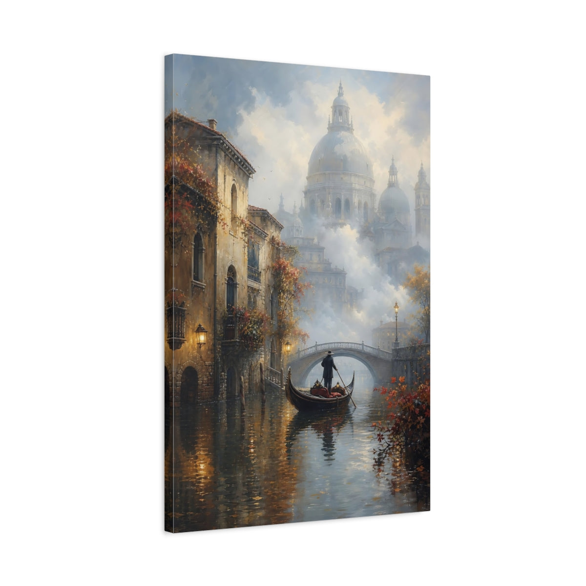 Side Mockup 2. Vintage Gondolier Canal Misty Brown shown as stretched canvas wall art