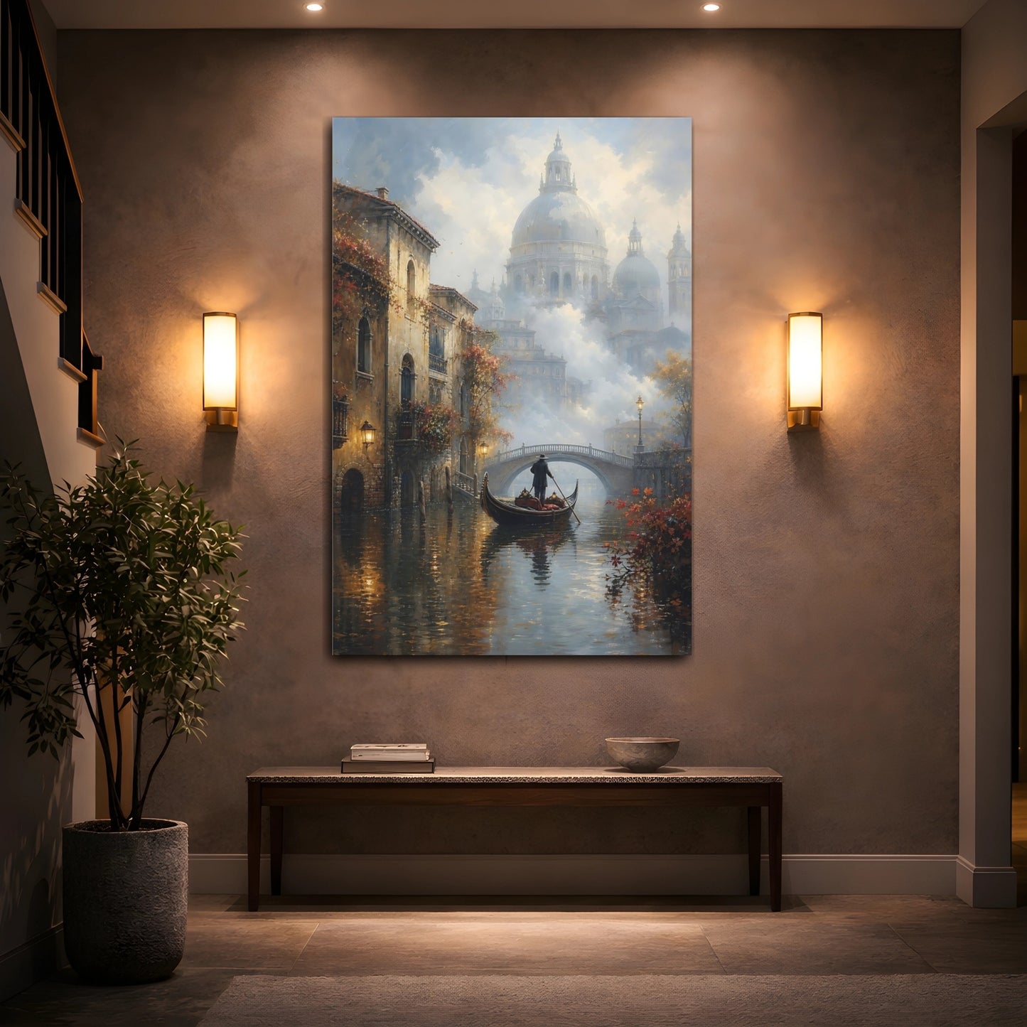 Mockup 2. Vintage Gondolier Canal Misty Brown shown as stretched canvas wall art