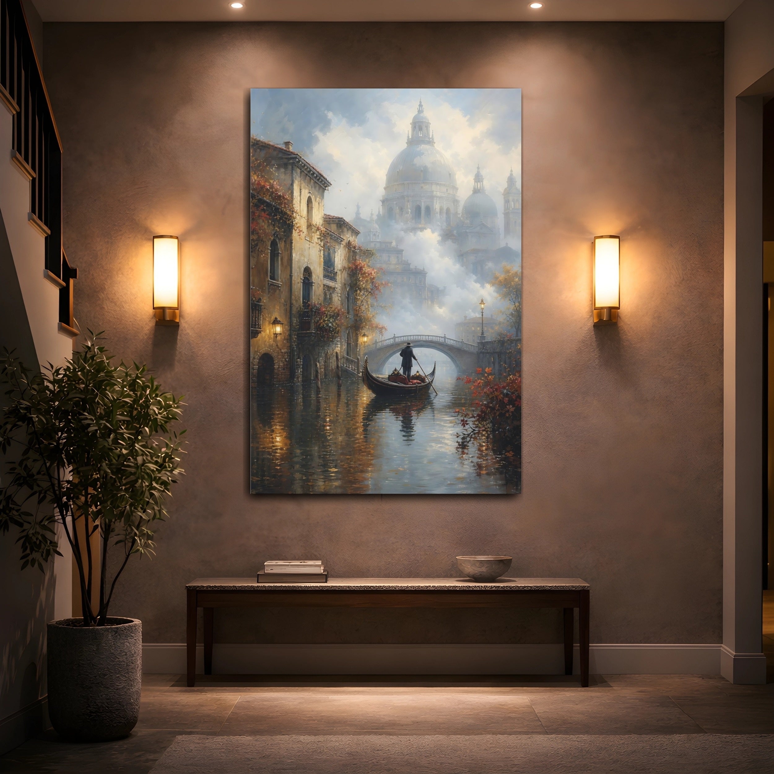 Mockup 2. Vintage Gondolier Canal Misty Brown shown as stretched canvas wall art