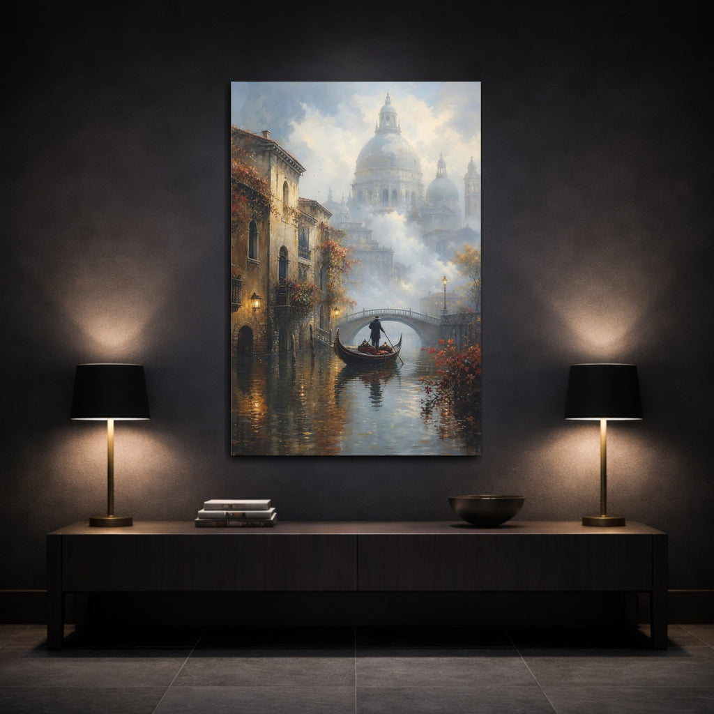 Mockup 3. Vintage Gondolier Canal Misty Brown shown as stretched canvas wall art
