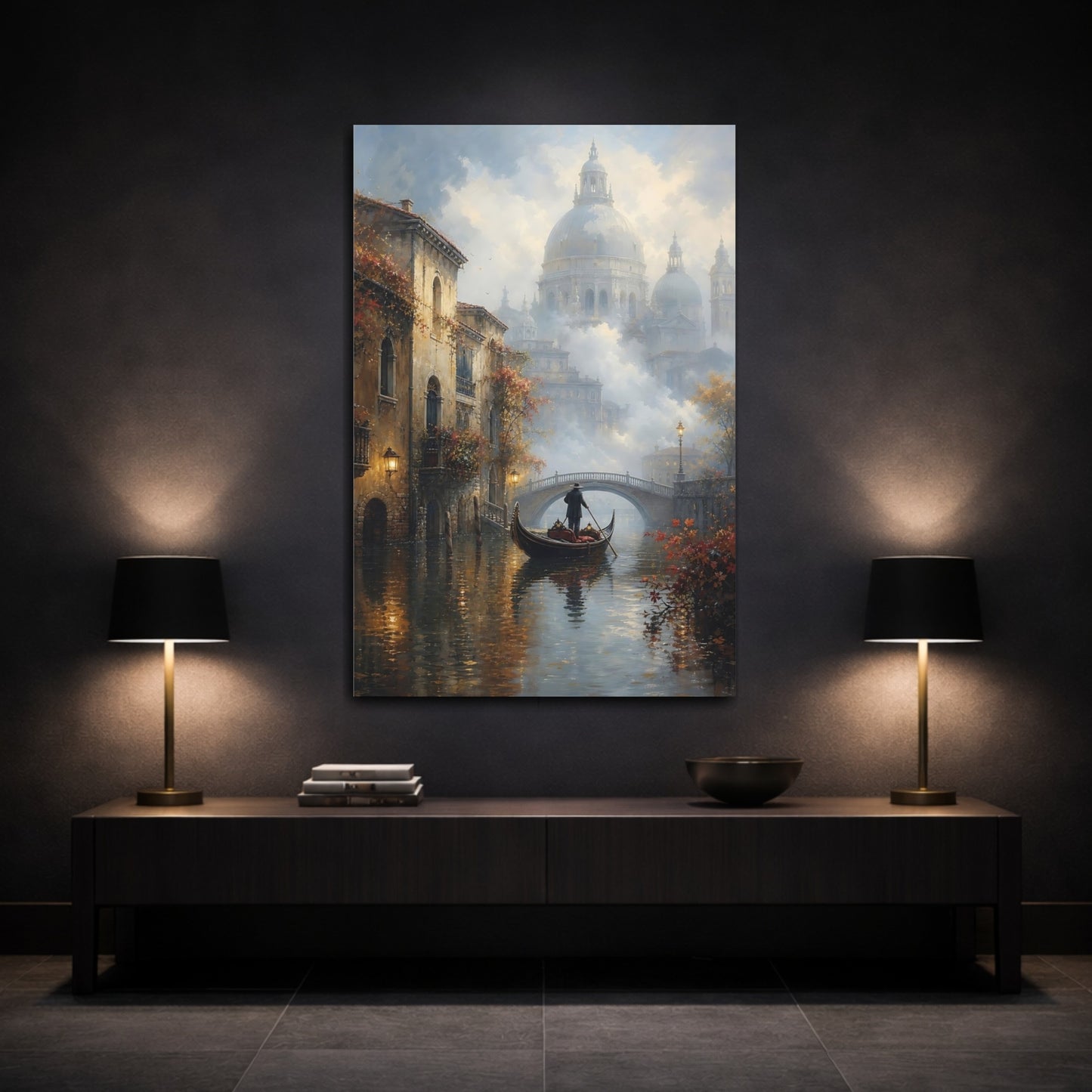 Mockup 3. Vintage Gondolier Canal Misty Brown shown as stretched canvas wall art