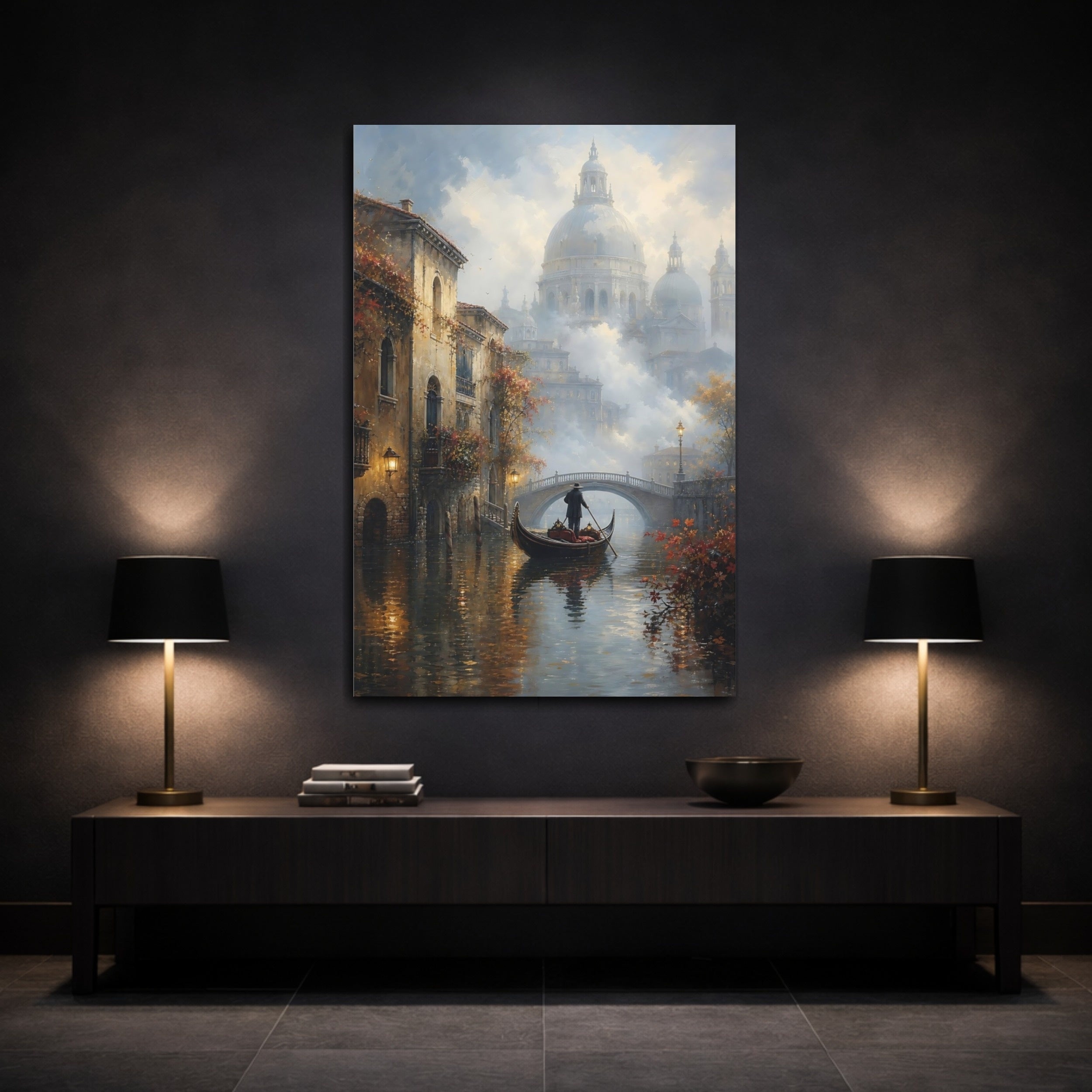 Mockup 3. Vintage Gondolier Canal Misty Brown shown as stretched canvas wall art