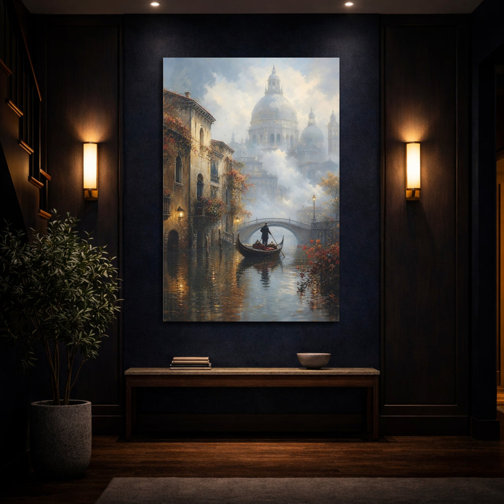 Mockup 4. Vintage Gondolier Canal Misty Brown shown as stretched canvas wall art