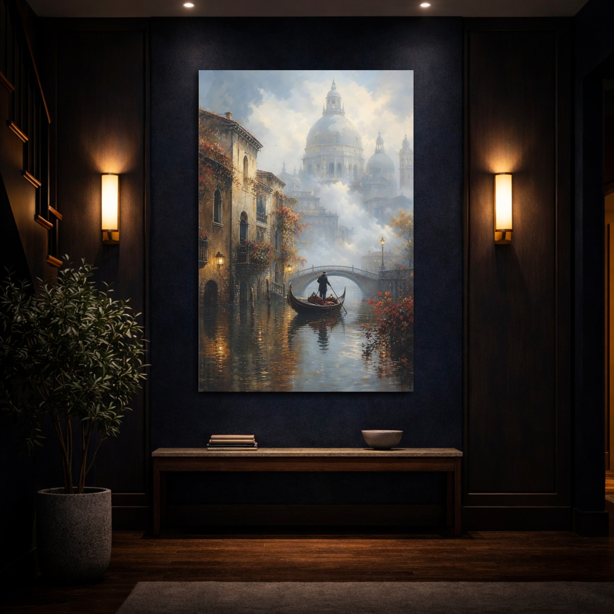 Mockup 4. Vintage Gondolier Canal Misty Brown shown as stretched canvas wall art