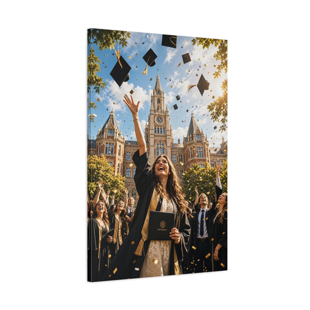 Main Mockup. Vintage Graduation Celebration Graduation Gold shown as stretched canvas wall art
