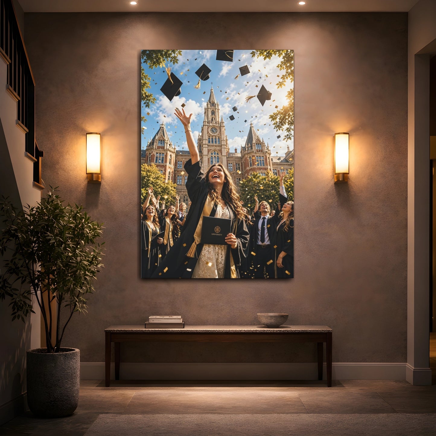 Vintage Graduation Celebration Gold Canvas Wall Art Print - Photojournalistic Living Room shown as canvas wall art