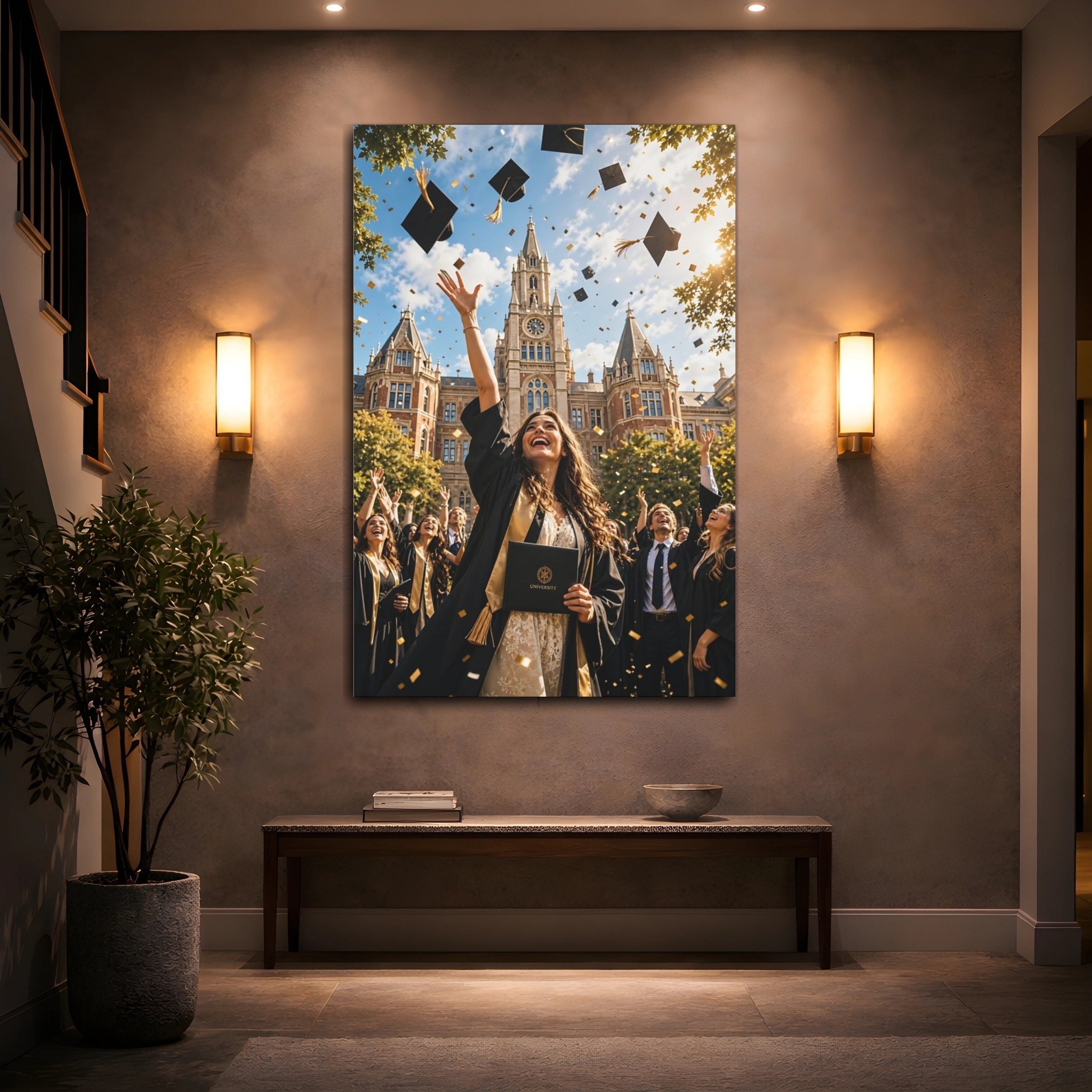 Mockup 2. Vintage Graduation Celebration Graduation Gold shown as stretched canvas wall art