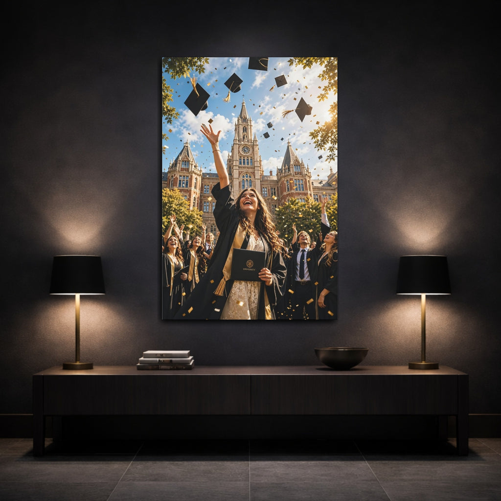 Mockup 3. Vintage Graduation Celebration Graduation Gold shown as stretched canvas wall art
