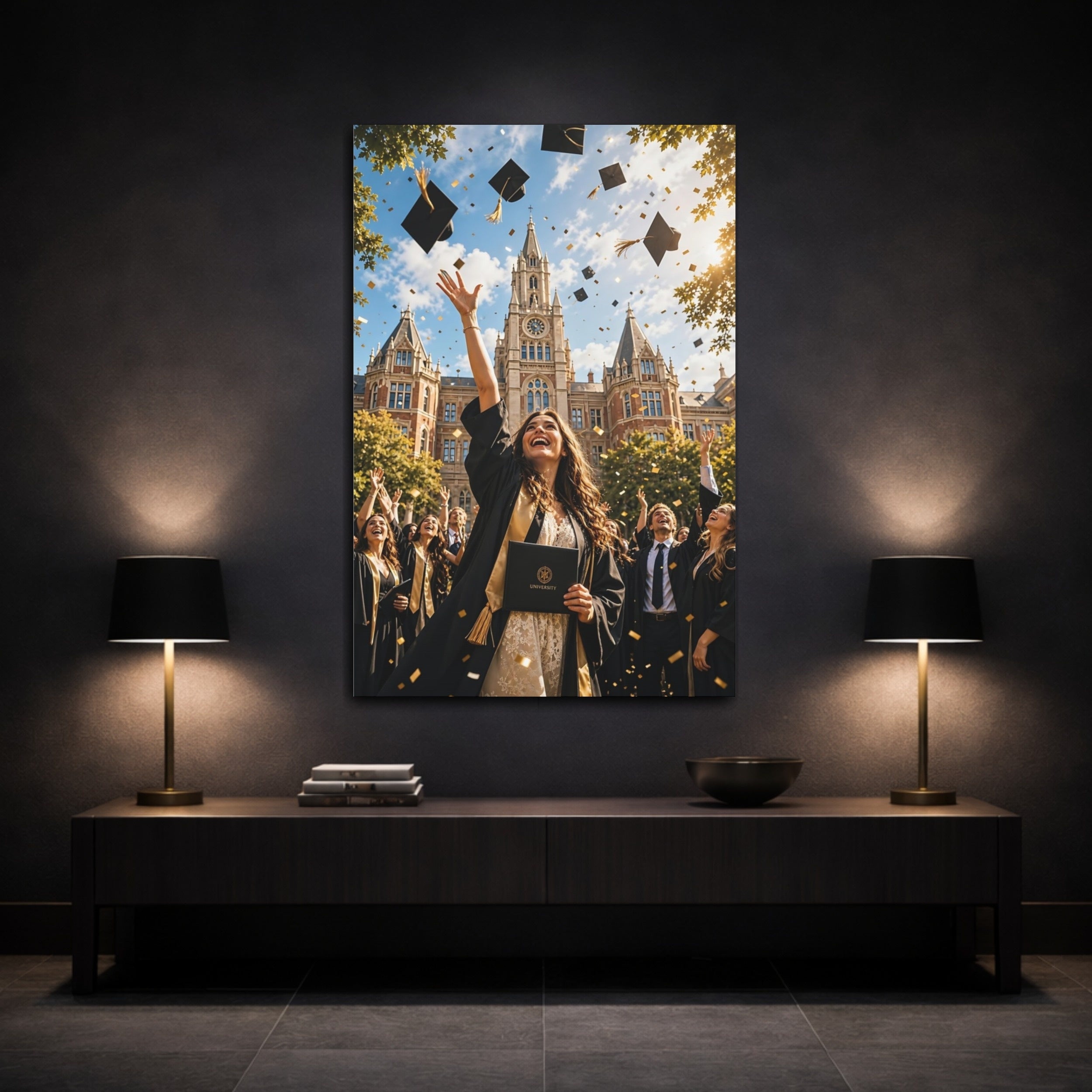 Mockup 3. Vintage Graduation Celebration Graduation Gold shown as stretched canvas wall art