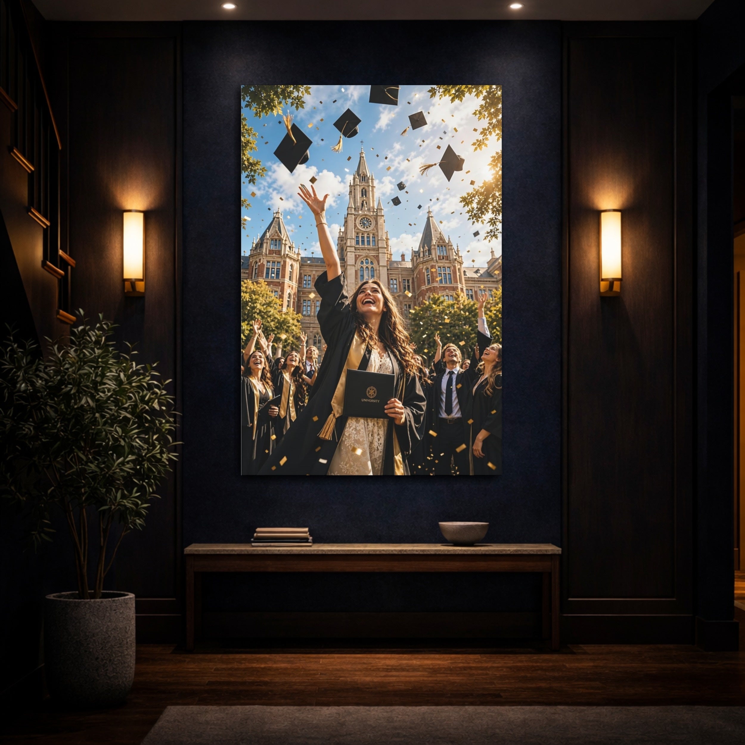 Mockup 4. Vintage Graduation Celebration Graduation Gold shown as stretched canvas wall art