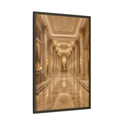 Main Mockup. Vintage Grand Hallway Gold And Marble shown as stretched canvas wall art