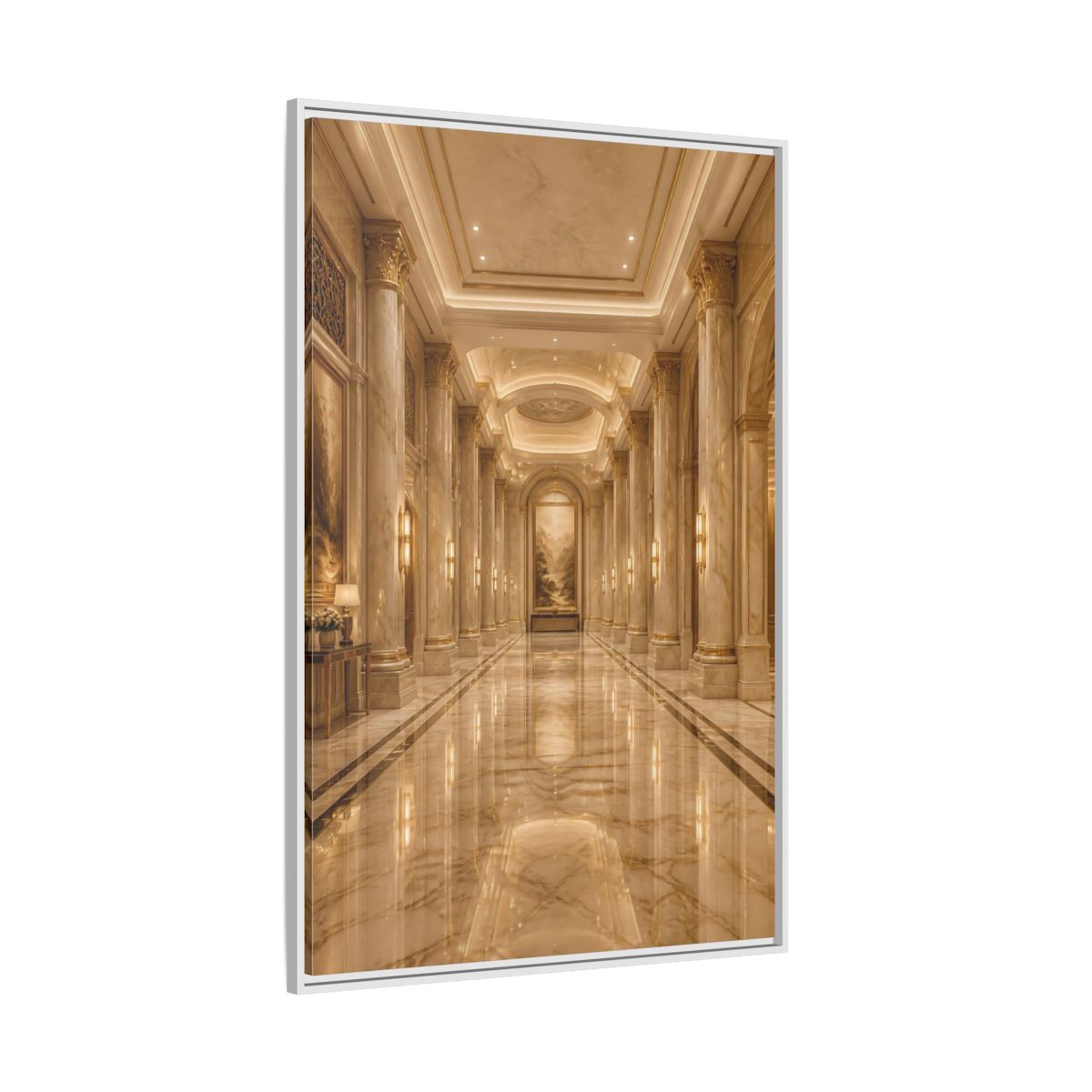 Side Mockup 7. Vintage Grand Hallway Gold And Marble shown as stretched canvas wall art