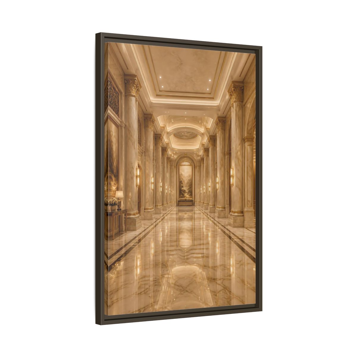 Side Mockup 11. Vintage Grand Hallway Gold And Marble shown as stretched canvas wall art
