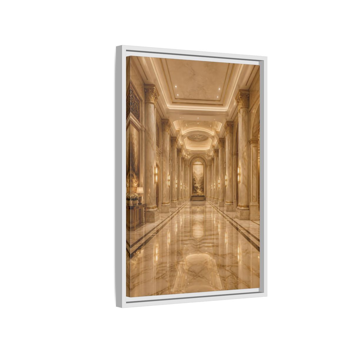 Side Mockup 1. Vintage Grand Hallway Gold And Marble shown as stretched canvas wall art