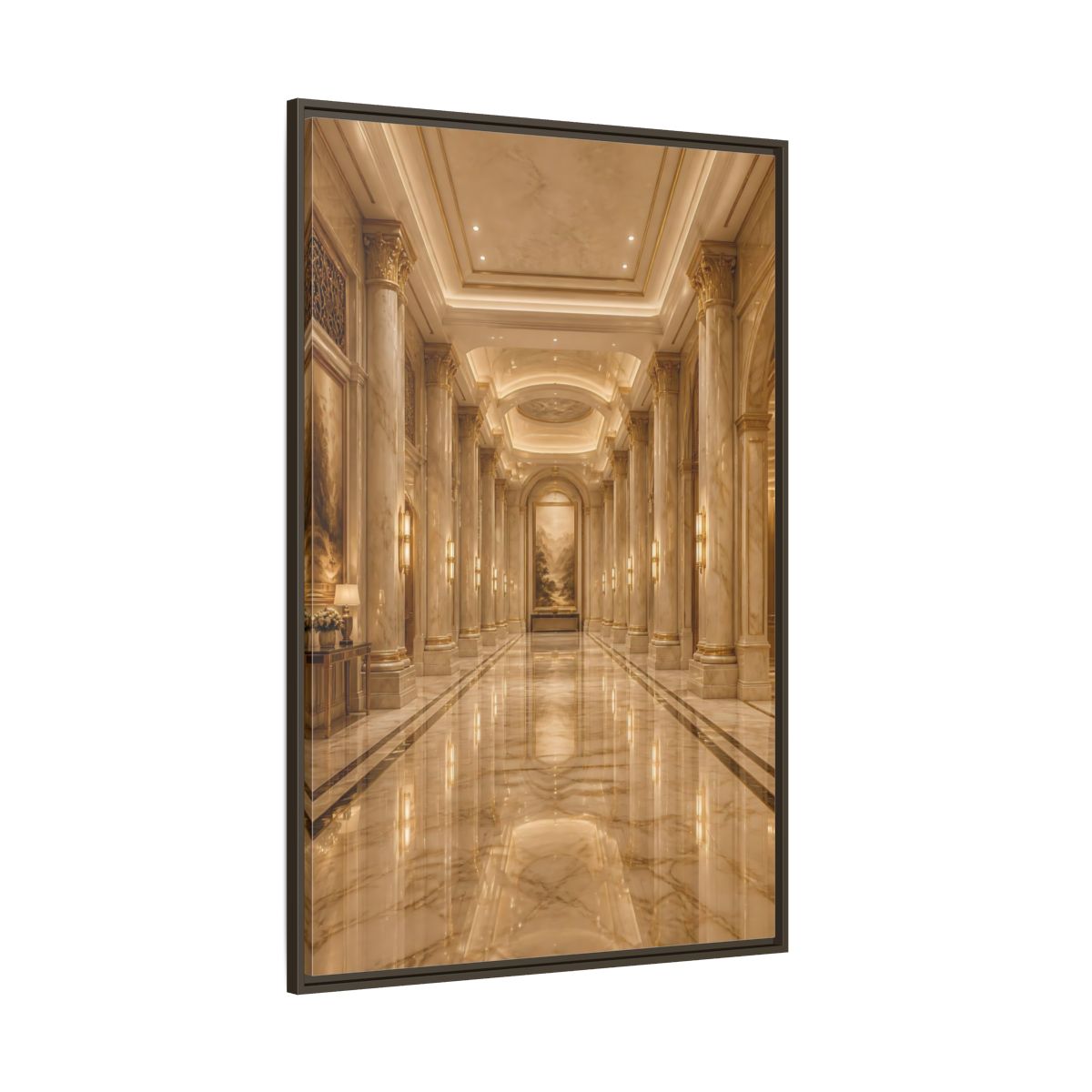 Side Mockup 8. Vintage Grand Hallway Gold And Marble shown as stretched canvas wall art