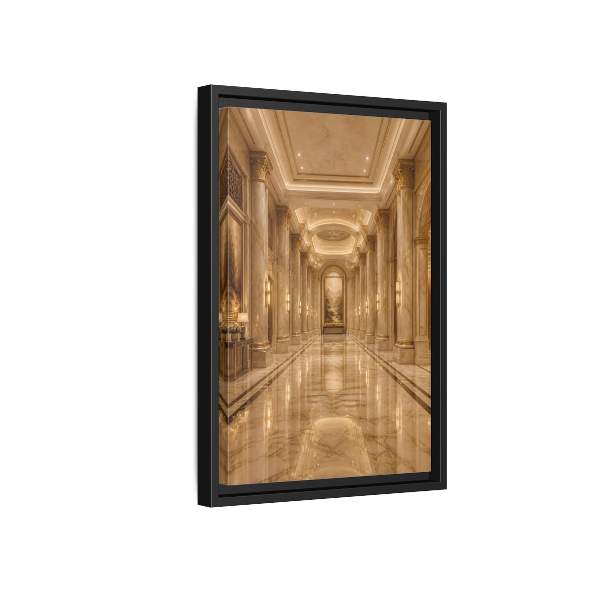 Side Mockup 6. Vintage Grand Hallway Gold And Marble shown as stretched canvas wall art