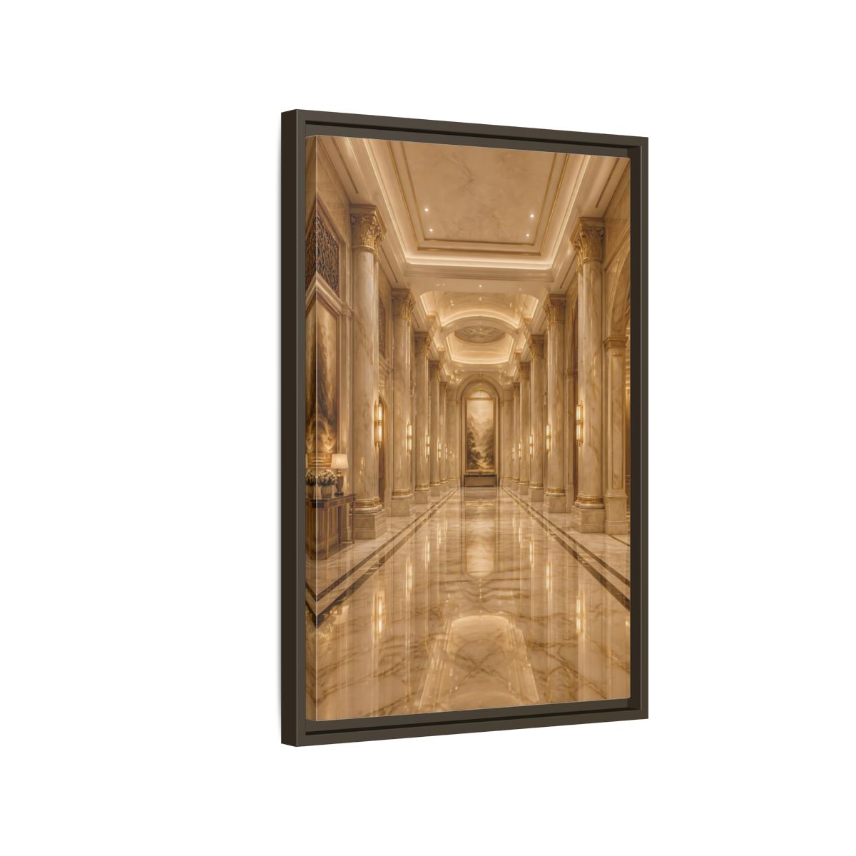 Side Mockup 2. Vintage Grand Hallway Gold And Marble shown as stretched canvas wall art