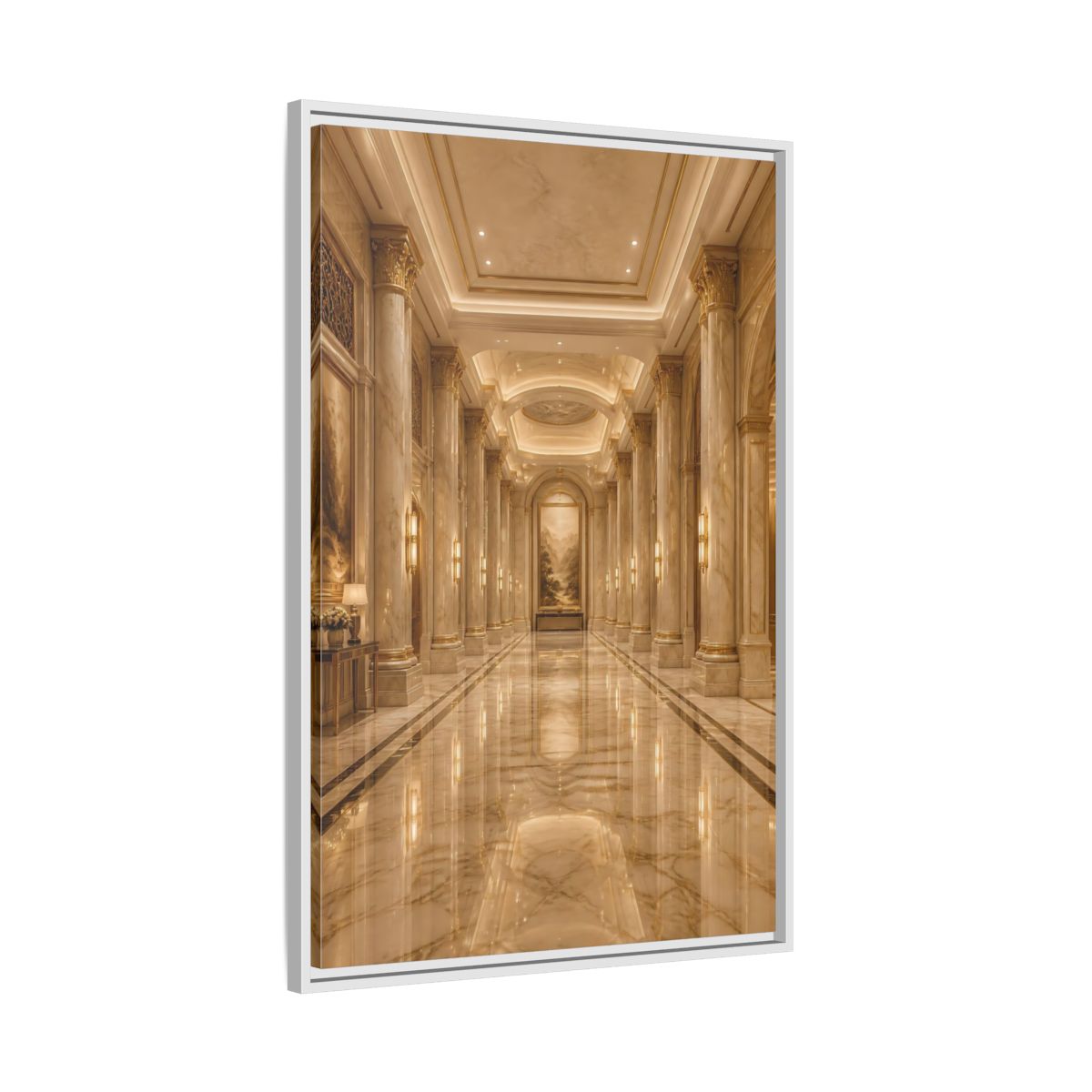 Side Mockup 9. Vintage Grand Hallway Gold And Marble shown as stretched canvas wall art
