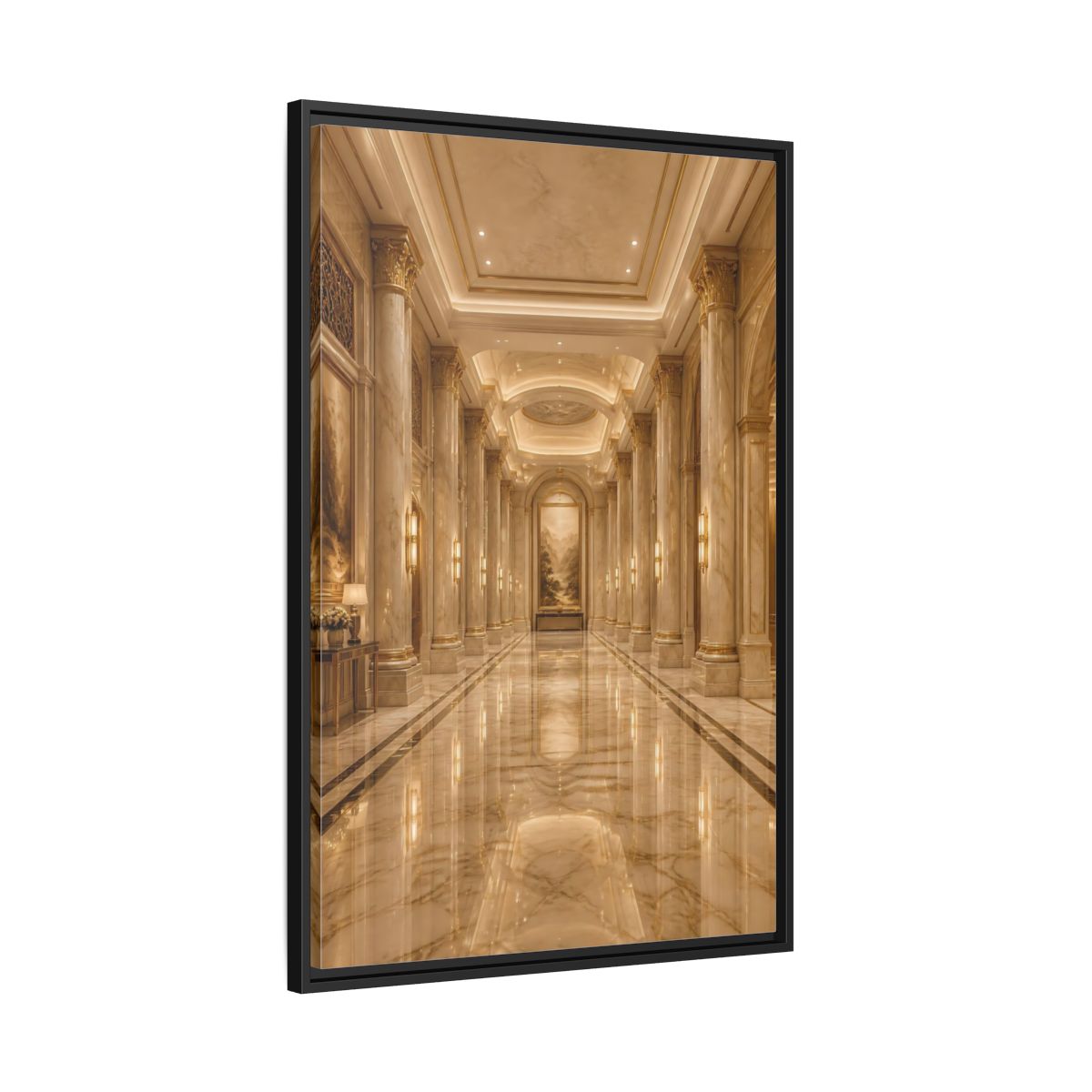 Side Mockup 13. Vintage Grand Hallway Gold And Marble shown as stretched canvas wall art