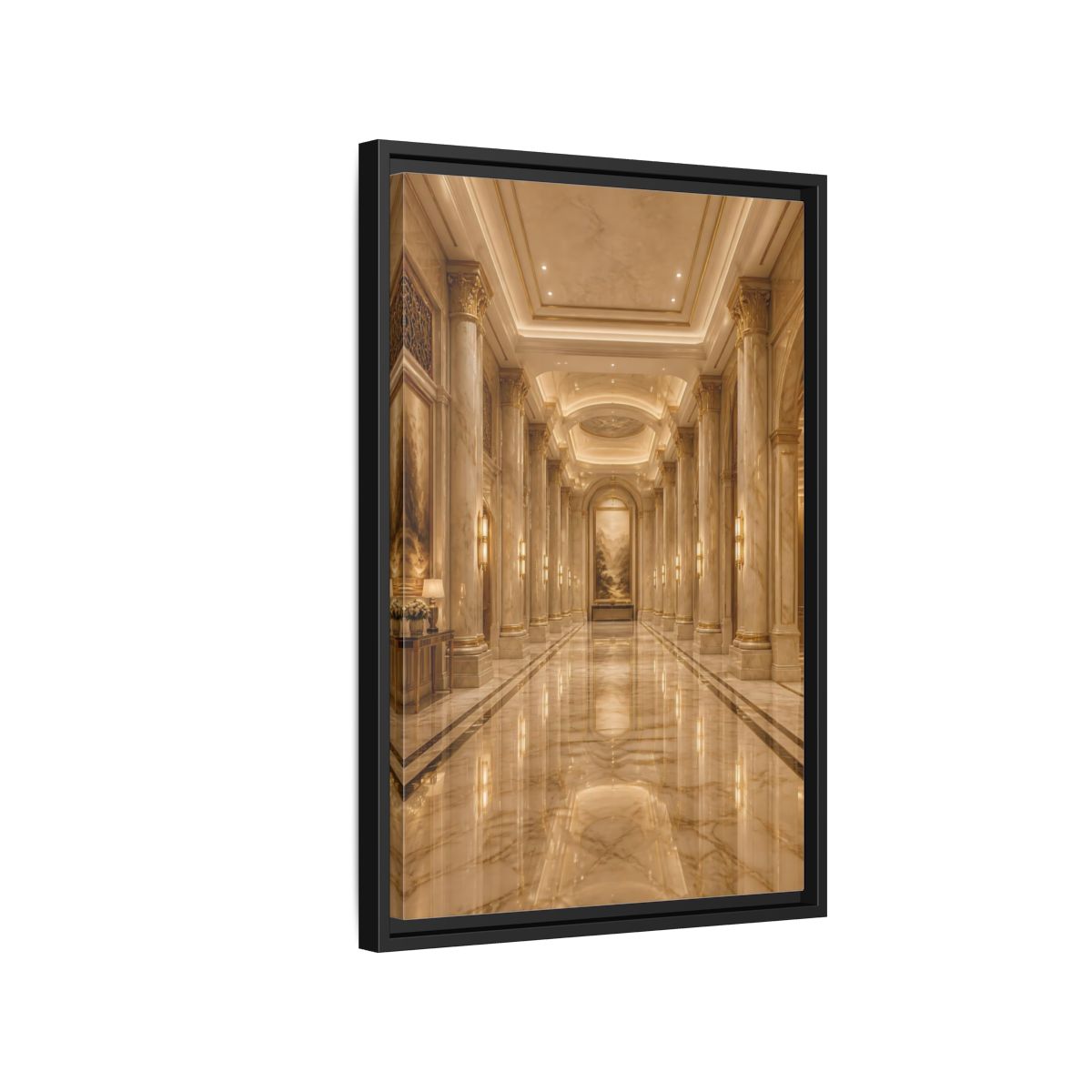 Side Mockup 3. Vintage Grand Hallway Gold And Marble shown as stretched canvas wall art