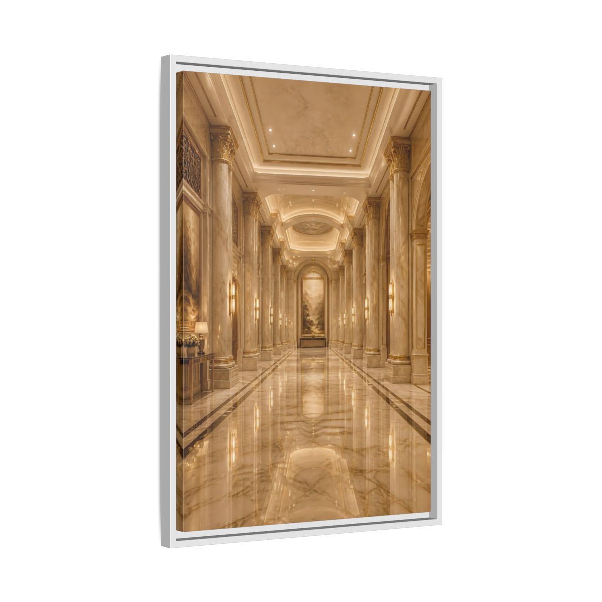 Side Mockup 10. Vintage Grand Hallway Gold And Marble shown as stretched canvas wall art