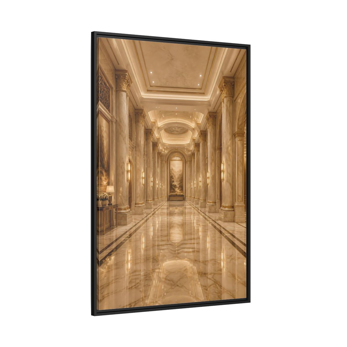 Side Mockup 12. Vintage Grand Hallway Gold And Marble shown as stretched canvas wall art