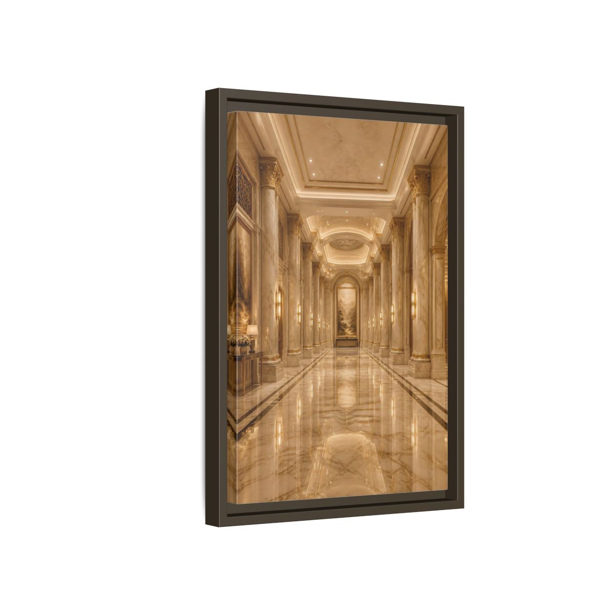 Side Mockup 5. Vintage Grand Hallway Gold And Marble shown as stretched canvas wall art