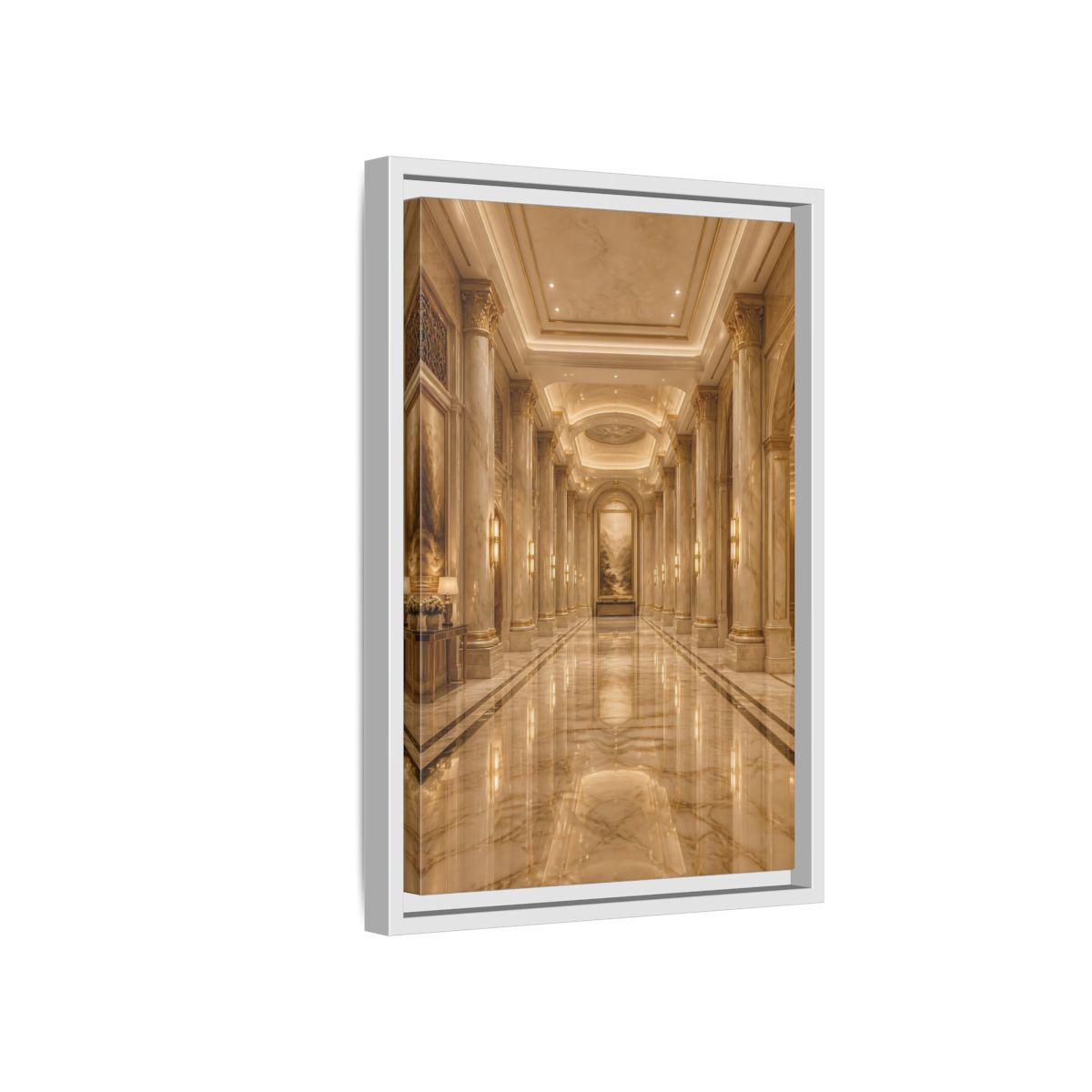 Side Mockup 4. Vintage Grand Hallway Gold And Marble shown as stretched canvas wall art