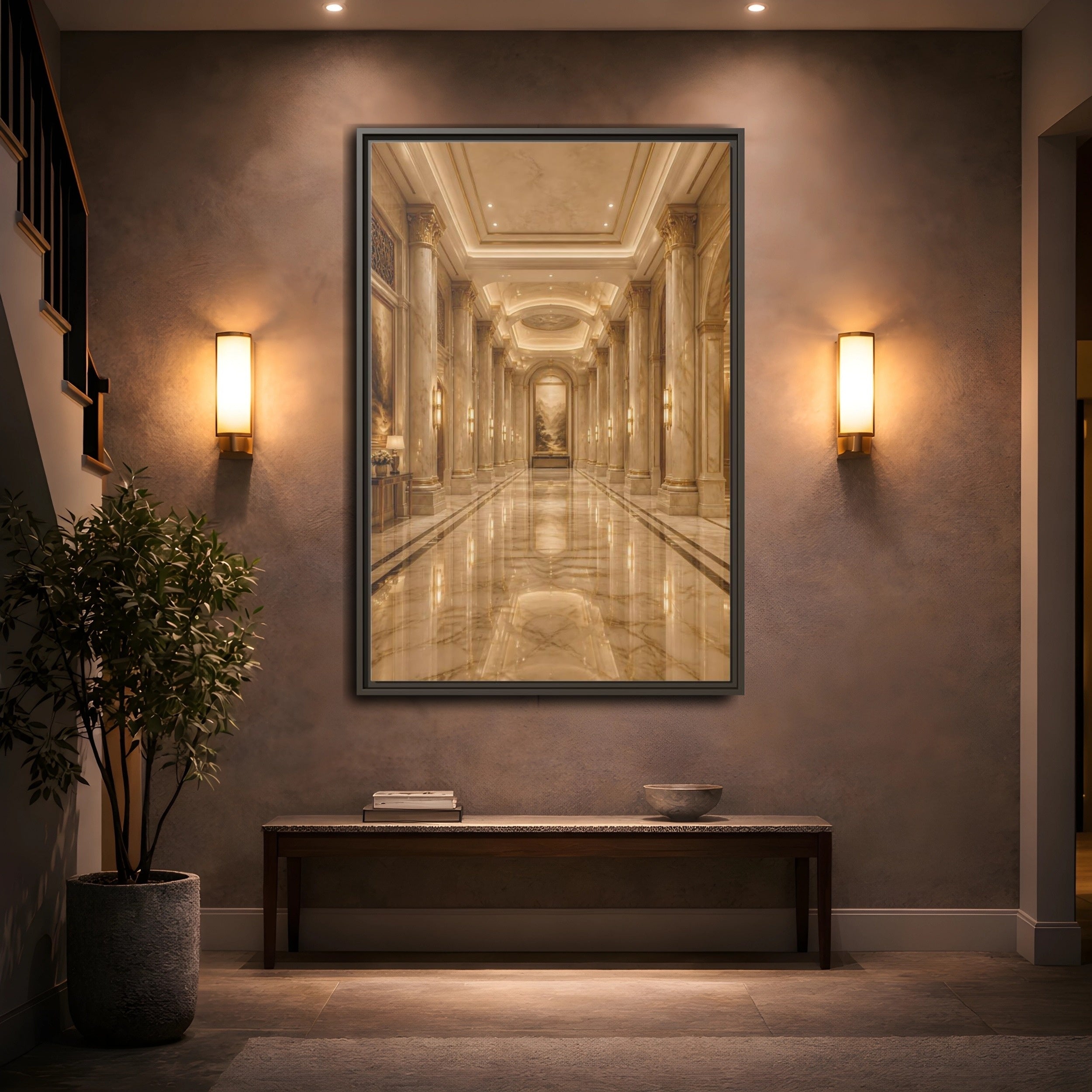 Mockup 2. Vintage Grand Hallway Gold And Marble shown as stretched canvas wall art