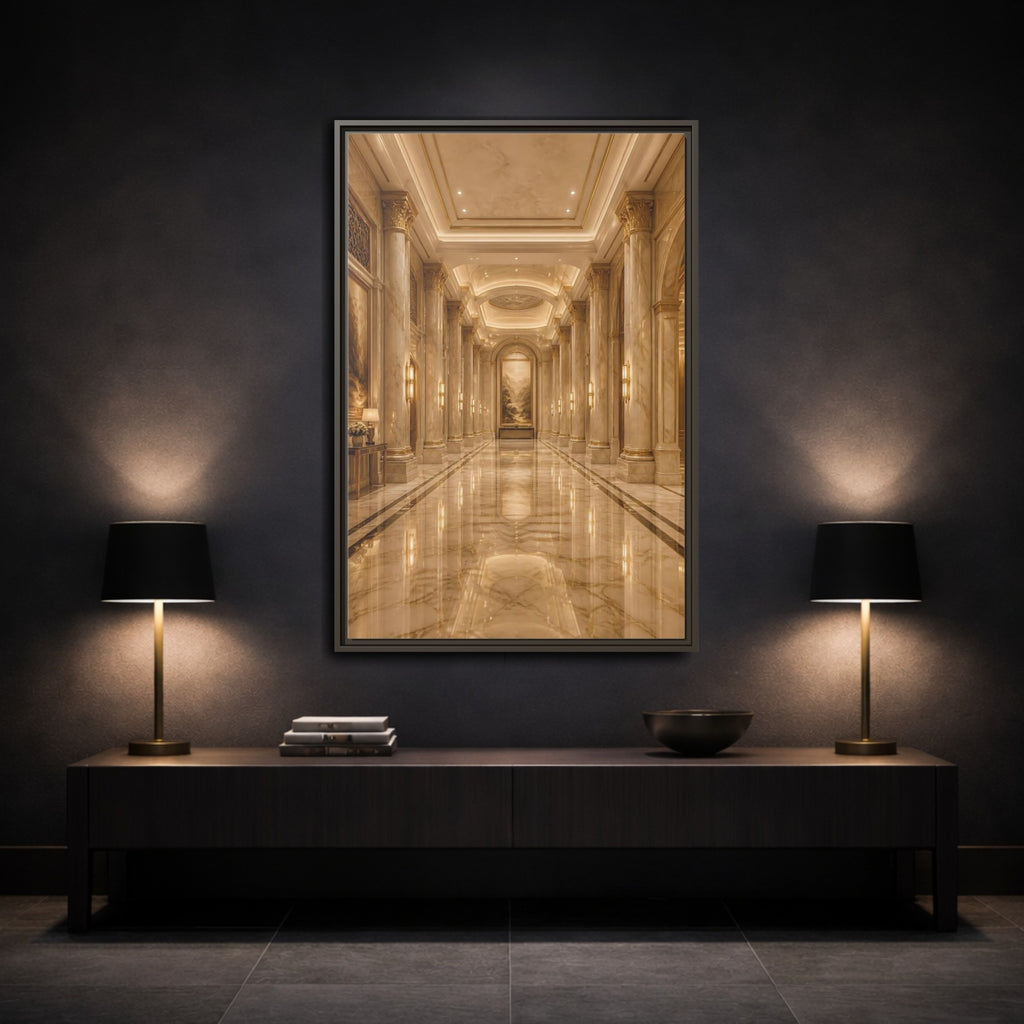 Mockup 3. Vintage Grand Hallway Gold And Marble shown as stretched canvas wall art