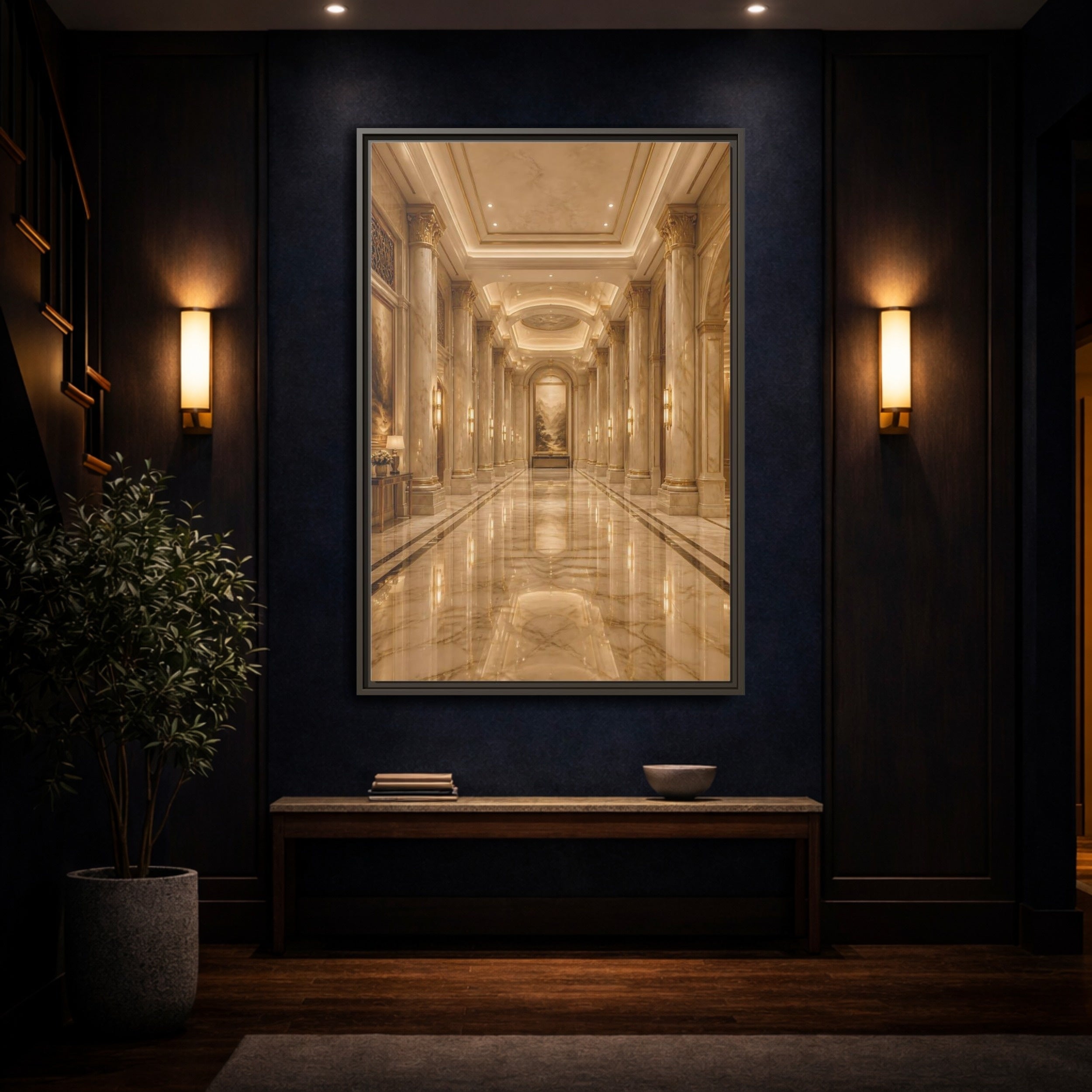 Mockup 4. Vintage Grand Hallway Gold And Marble shown as stretched canvas wall art