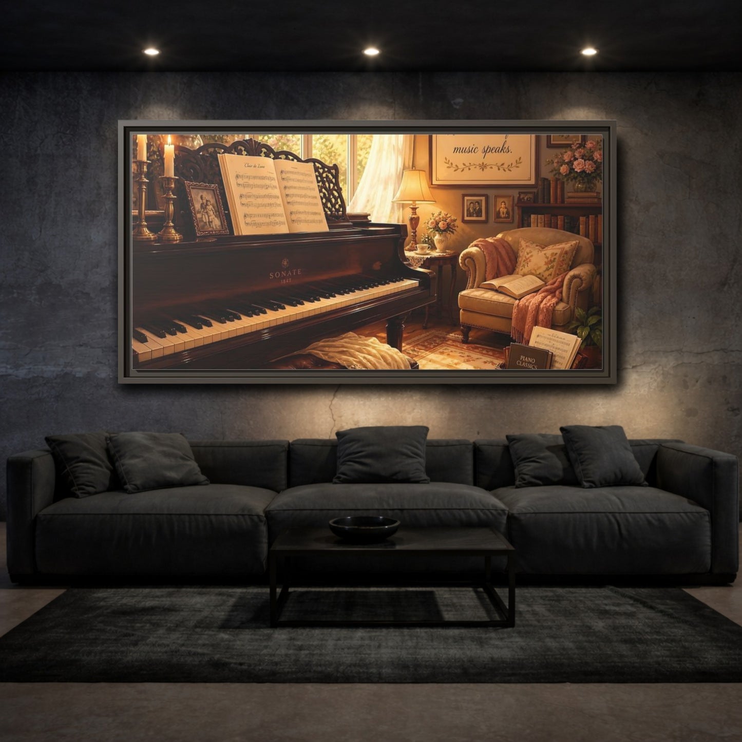 Mockup 3. Vintage Grand Piano Vintage Piano shown as framed canvas print