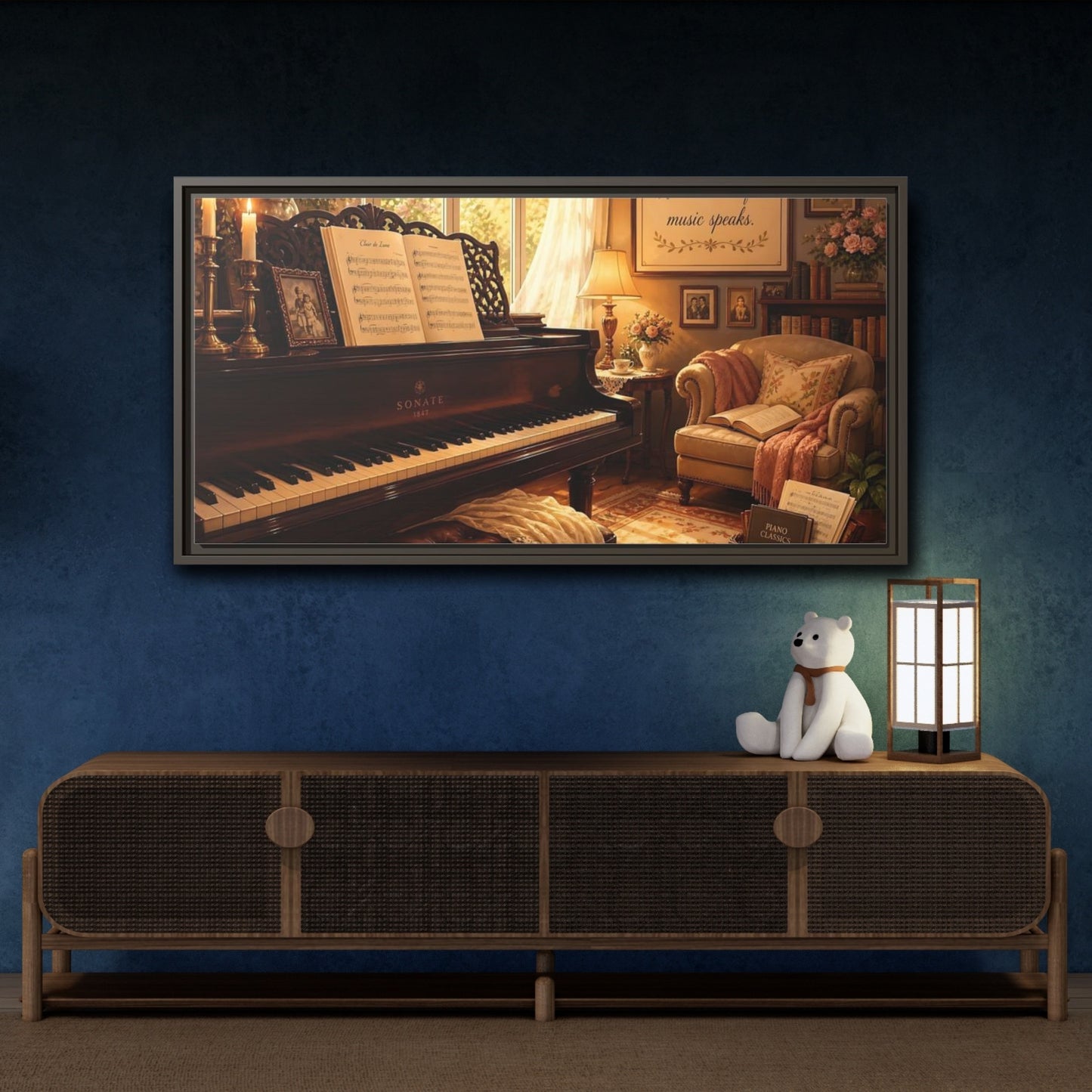 Mockup 4. Vintage Grand Piano Vintage Piano shown as framed canvas print