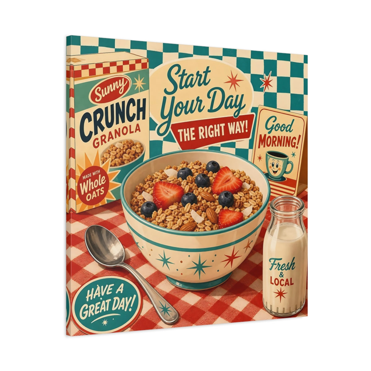 Main Mockup. Vintage Granola Bowl Retro Breakfast shown as stretched canvas wall art