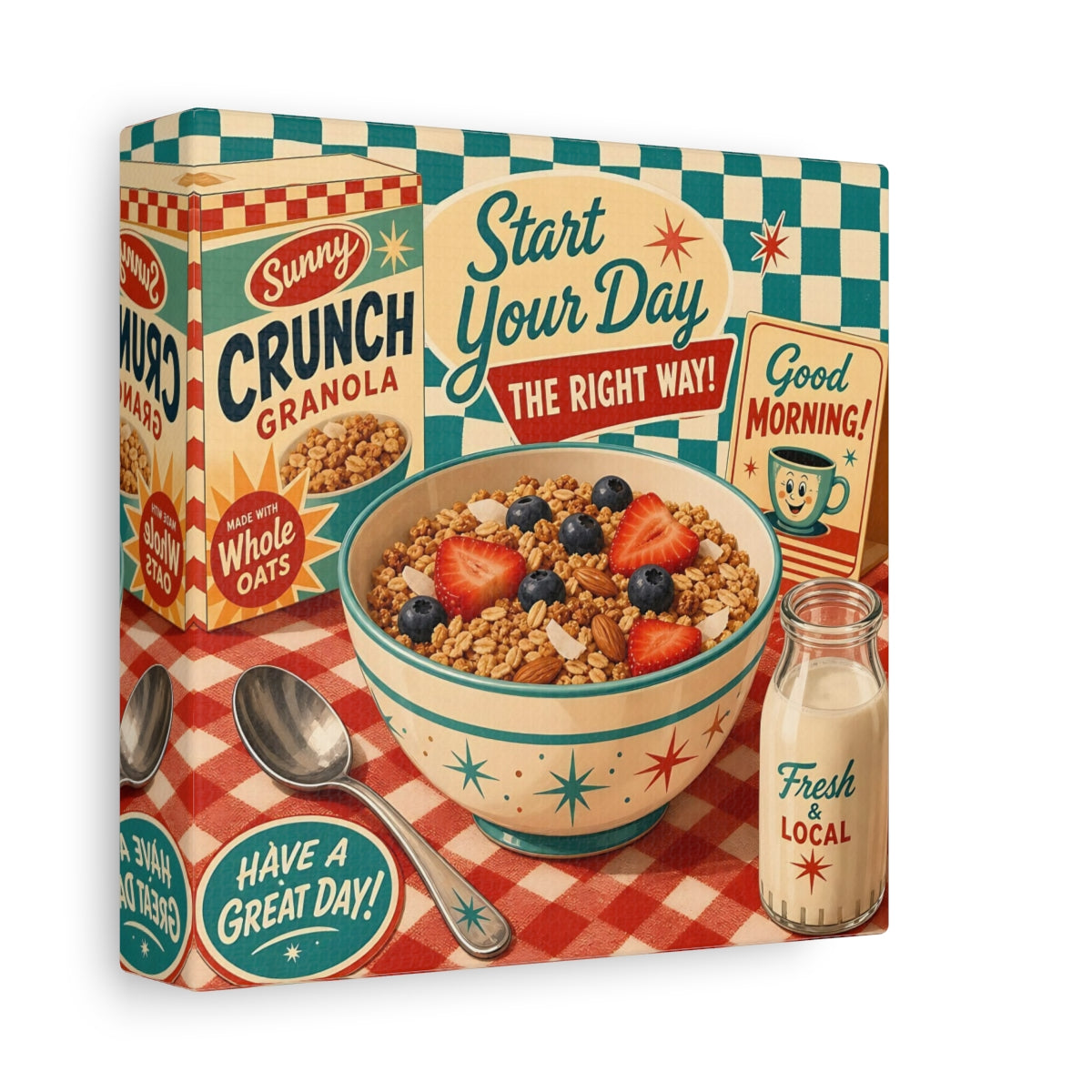 Side Mockup 2. Vintage Granola Bowl Retro Breakfast shown as stretched canvas wall art