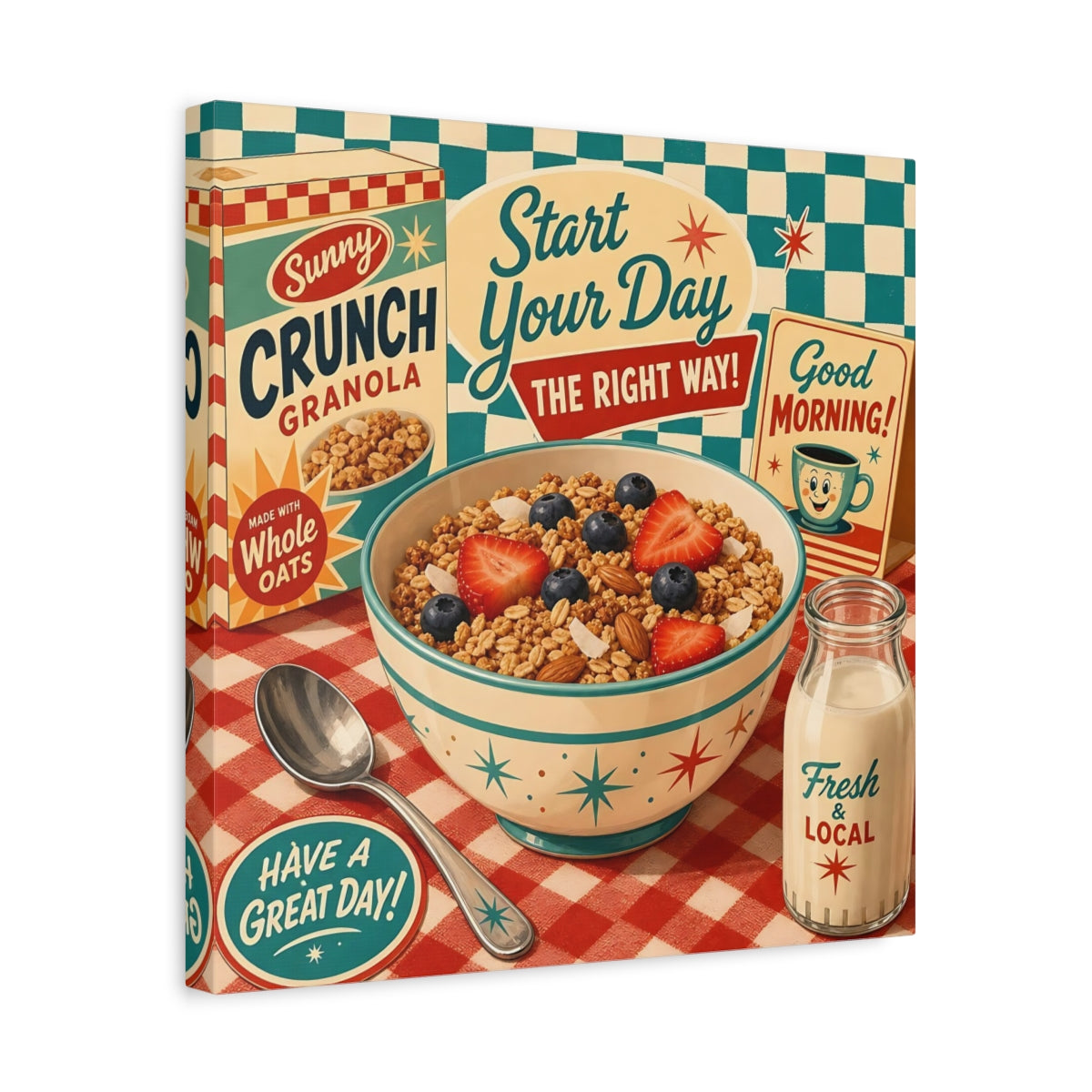 Side Mockup 6. Vintage Granola Bowl Retro Breakfast shown as stretched canvas wall art