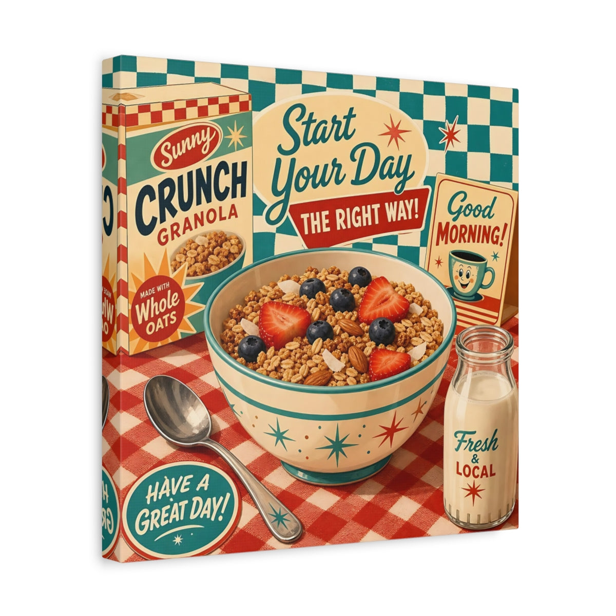 Side Mockup 7. Vintage Granola Bowl Retro Breakfast shown as stretched canvas wall art