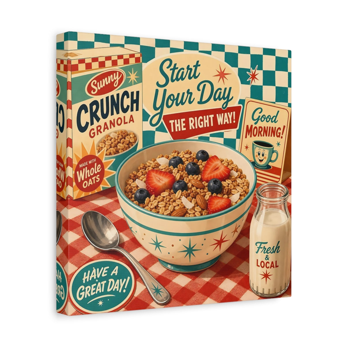 Side Mockup 8. Vintage Granola Bowl Retro Breakfast shown as stretched canvas wall art