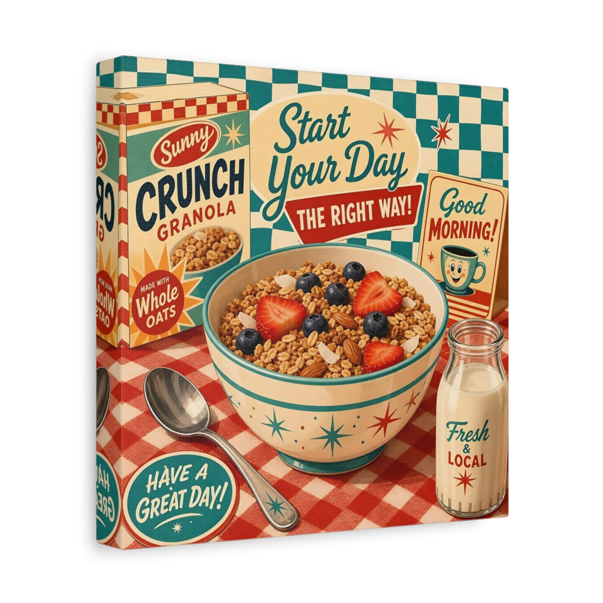 Side Mockup 9. Vintage Granola Bowl Retro Breakfast shown as stretched canvas wall art