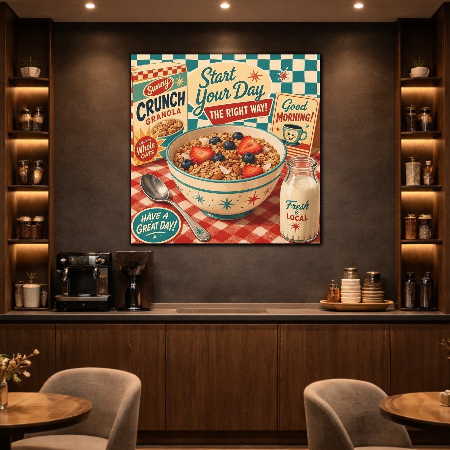 Mockup 2. Vintage Granola Bowl Retro Breakfast shown as stretched canvas wall art
