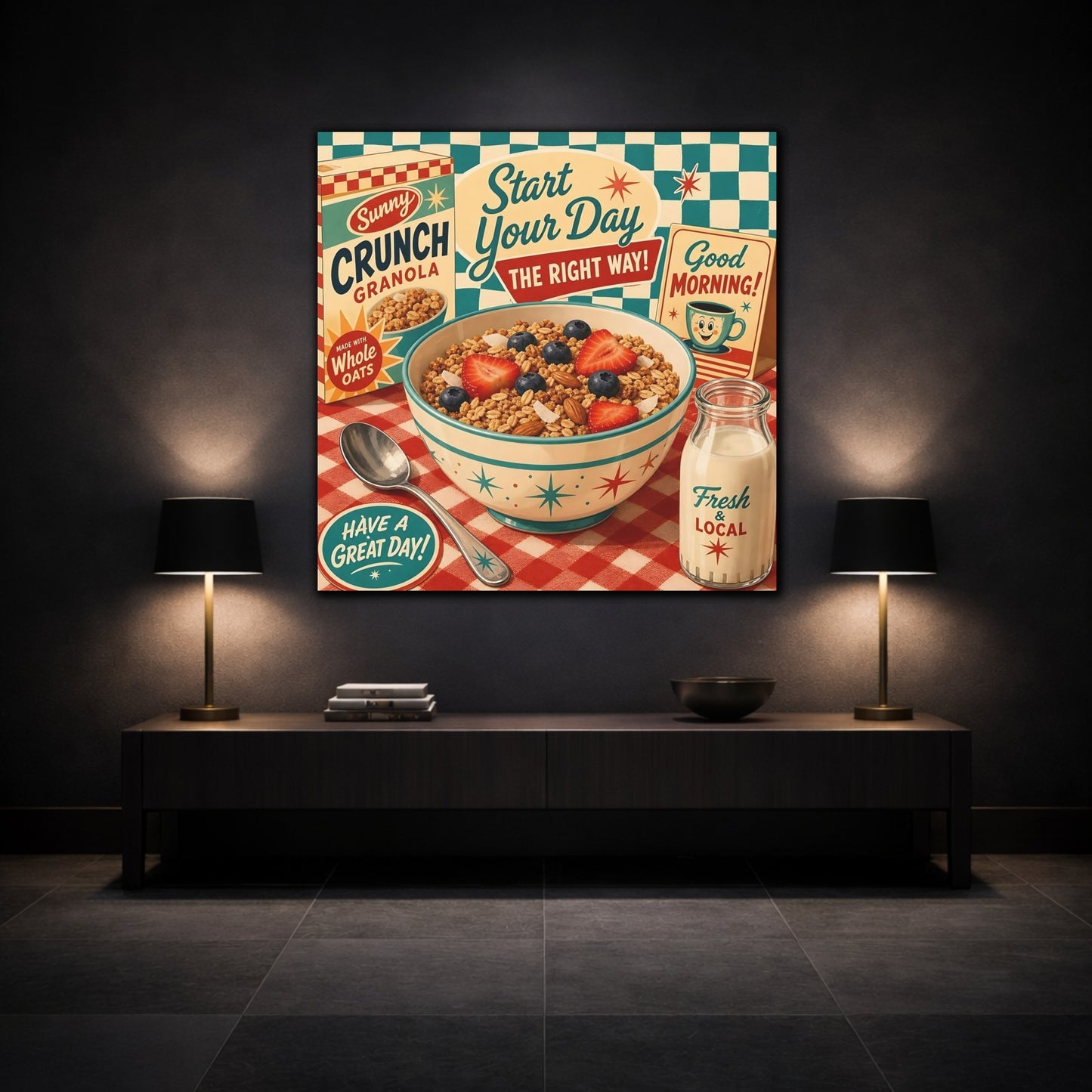Mockup 3. Vintage Granola Bowl Retro Breakfast shown as stretched canvas wall art